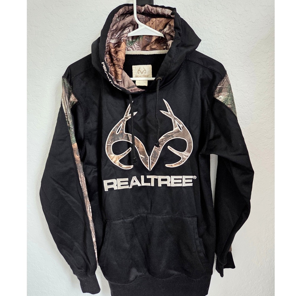 Realtree Mens Black Camo Logo Hoodie Fleece Sweatshirt Small